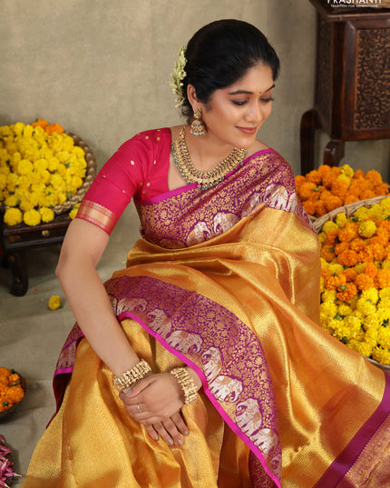 Gold-Purple Pure Tissue kanchipuram silk saree with allover zari woven brocade weaves & elephant design zari border