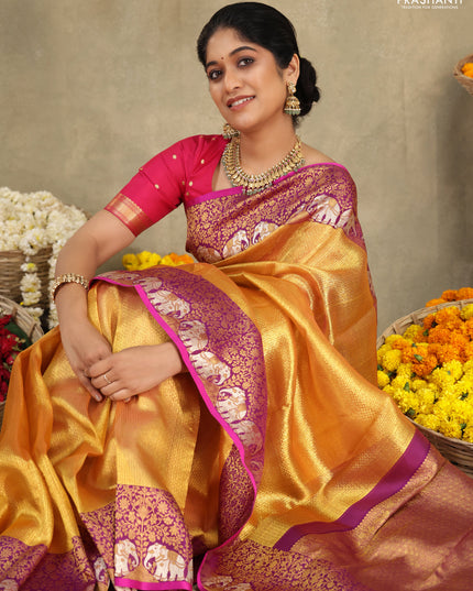 Gold-Purple Pure Tissue kanchipuram silk saree with allover zari woven brocade weaves & elephant design zari border