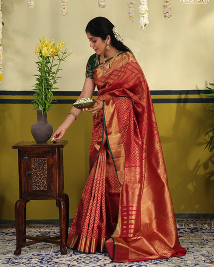 Maroon-Green Pure kanchipuram silk saree with allover zari woven brocade pattern & zari woven border