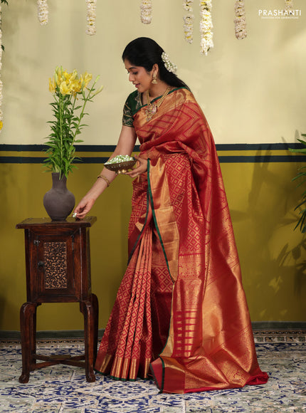 Maroon-Green Pure kanchipuram silk saree with allover zari woven brocade pattern & zari woven border