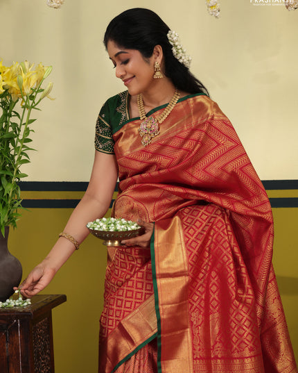 Maroon-Green Pure kanchipuram silk saree with allover zari woven brocade pattern & zari woven border