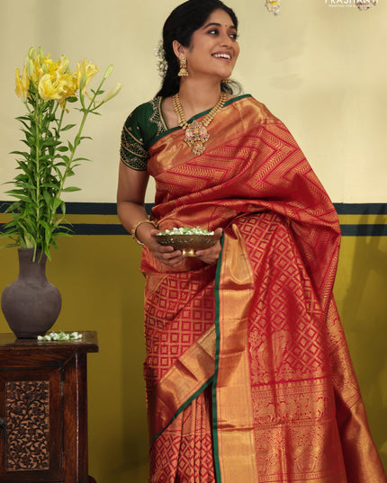 Maroon-Green Pure kanchipuram silk saree with allover zari woven brocade pattern & zari woven border