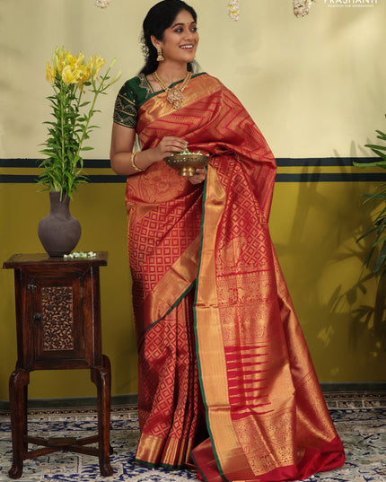 Maroon-Green Pure kanchipuram silk saree with allover zari woven brocade pattern & zari woven border