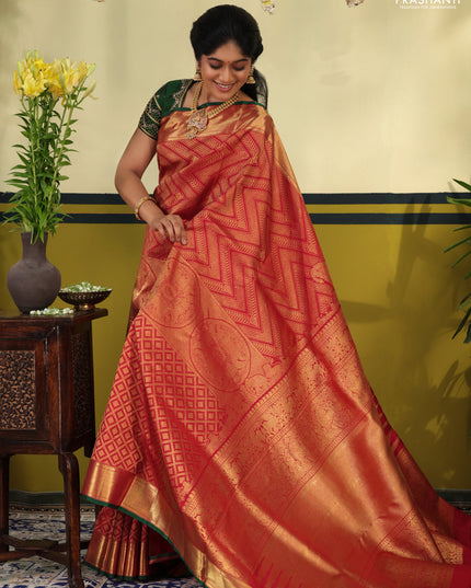 Maroon-Green Pure kanchipuram silk saree with allover zari woven brocade pattern & zari woven border