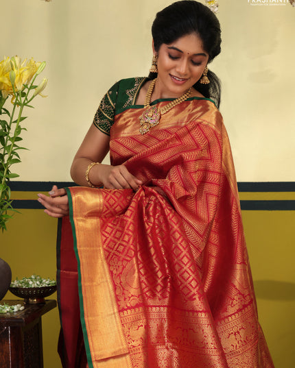 Maroon-Green Pure kanchipuram silk saree with allover zari woven brocade pattern & zari woven border