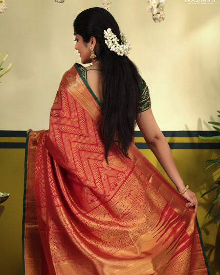 Maroon-Green Pure kanchipuram silk saree with allover zari woven brocade pattern & zari woven border