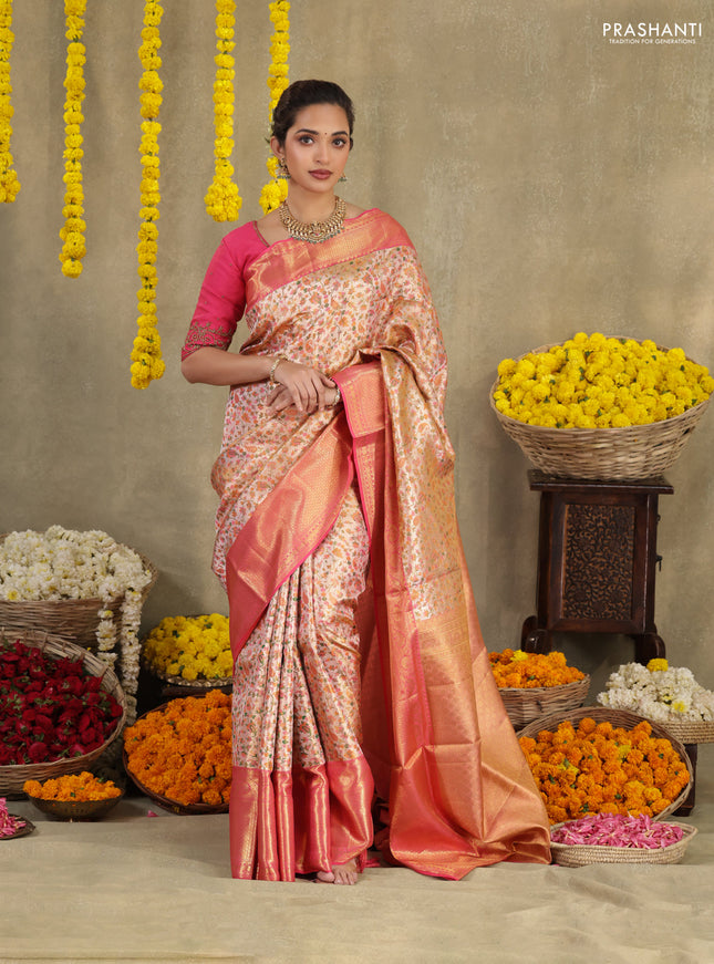Mild peach-Pink Pure kanchipuram tissue silk saree with allover mina weaves & zari woven border