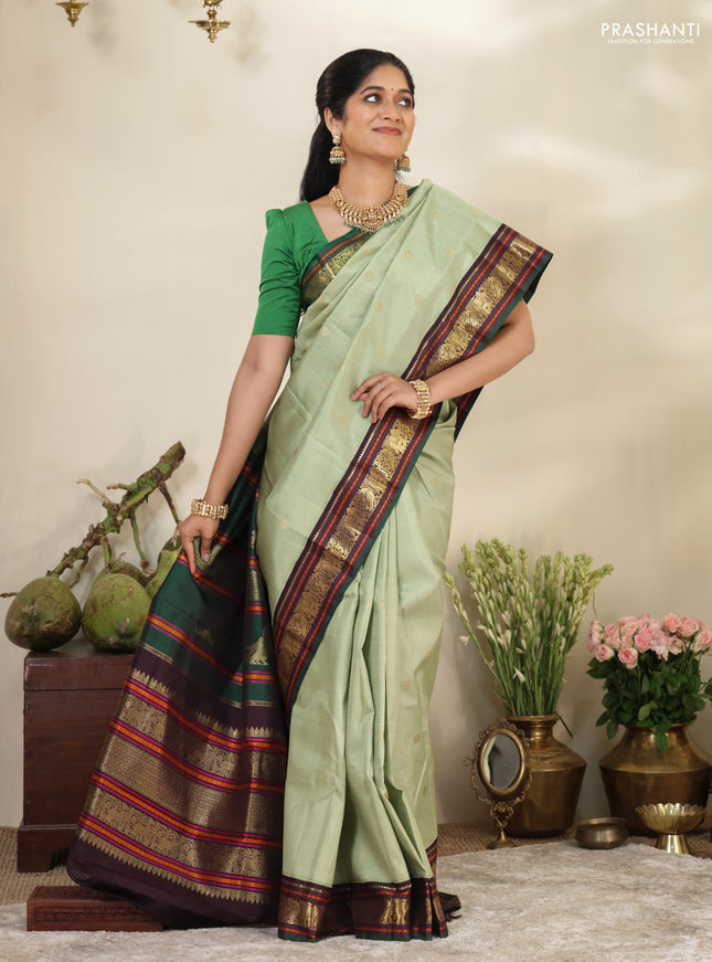Pastel Green-Deep wine Pure kanchipuram silk saree with zari woven buttas & elephant zari woven border