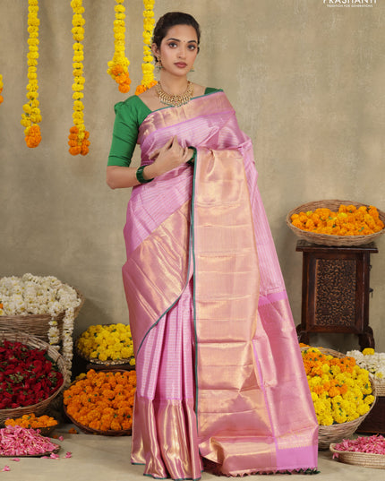 Light pink-Green Pure Kanchipuram silk saree With allover zari stripes pattern & long zari woven border