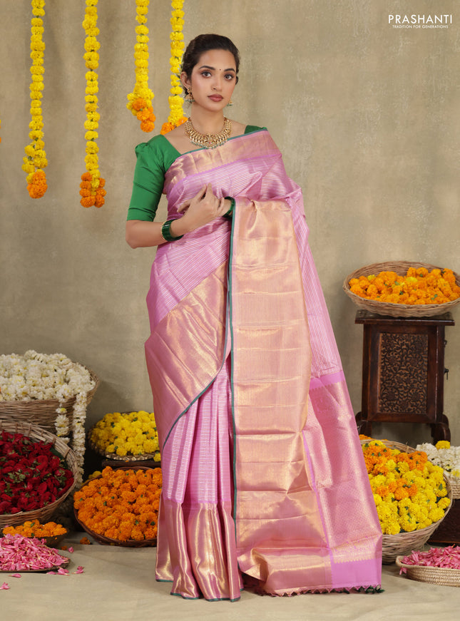Light pink-Green Pure Kanchipuram silk saree With allover zari stripes pattern & long zari woven border