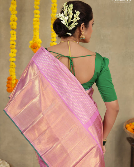 Light pink-Green Pure Kanchipuram silk saree With allover zari stripes pattern & long zari woven border