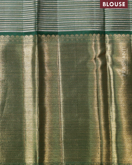 Light pink-Green Pure Kanchipuram silk saree With allover zari stripes pattern & long zari woven border