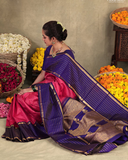 Pink-Blue Pure Kanchipuram silk saree with allover zari woven buttas & long zari woven border