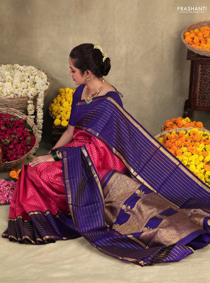 Pink-Blue Pure Kanchipuram silk saree with allover zari woven buttas & long zari woven border