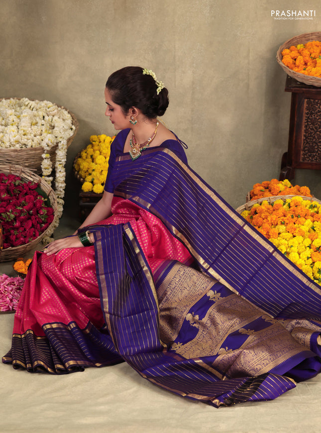 Pink-Blue Pure Kanchipuram silk saree with allover zari woven buttas & long zari woven border