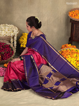 Pink-Blue Pure Kanchipuram silk saree with allover zari woven buttas & long zari woven border