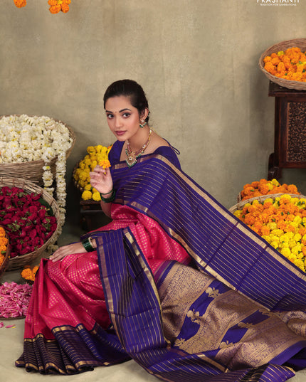 Pink-Blue Pure Kanchipuram silk saree with allover zari woven buttas & long zari woven border