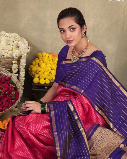 Pink-Blue Pure Kanchipuram silk saree with allover zari woven buttas & long zari woven border