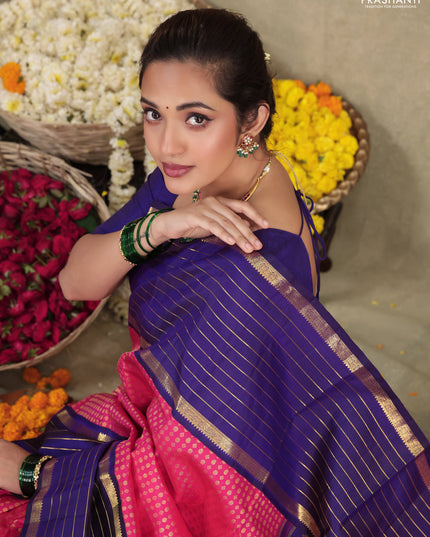 Pink-Blue Pure Kanchipuram silk saree with allover zari woven buttas & long zari woven border