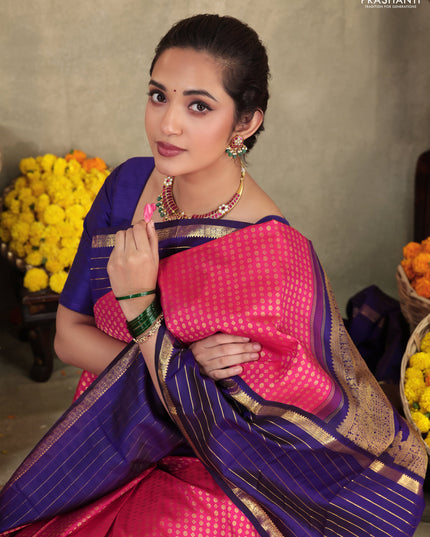 Pink-Blue Pure Kanchipuram silk saree with allover zari woven buttas & long zari woven border