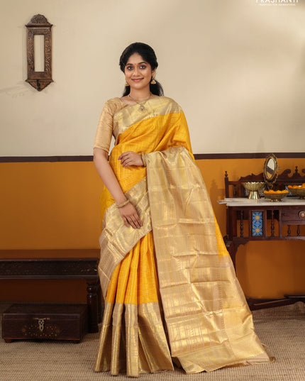 Mustard Yellow -Cream Pure Kanchipuram Silk Saree With Allover zari weaves & long rich zari border