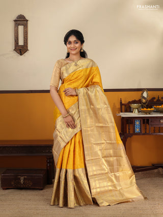 Mustard Yellow -Cream Pure Kanchipuram Silk Saree With Allover zari weaves & long rich zari border