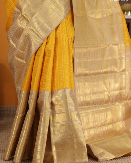 Mustard Yellow -Cream Pure Kanchipuram Silk Saree With Allover zari weaves & long rich zari border