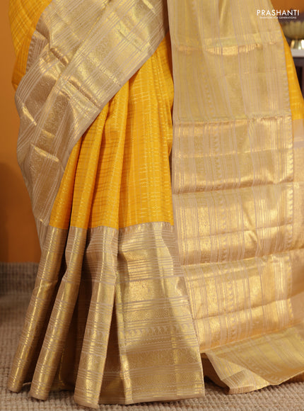 Mustard Yellow -Cream Pure Kanchipuram Silk Saree With Allover zari weaves & long rich zari border