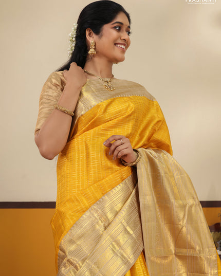 Mustard Yellow -Cream Pure Kanchipuram Silk Saree With Allover zari weaves & long rich zari border