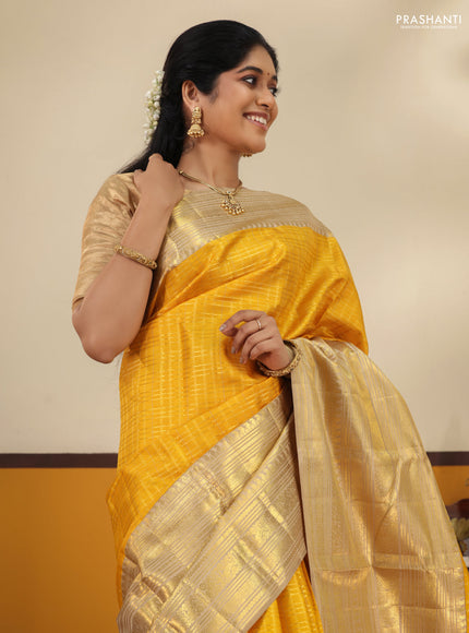 Mustard Yellow -Cream Pure Kanchipuram Silk Saree With Allover zari weaves & long rich zari border