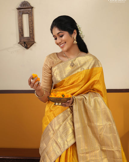 Mustard Yellow -Cream Pure Kanchipuram Silk Saree With Allover zari weaves & long rich zari border