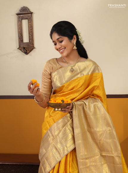 Mustard Yellow -Cream Pure Kanchipuram Silk Saree With Allover zari weaves & long rich zari border