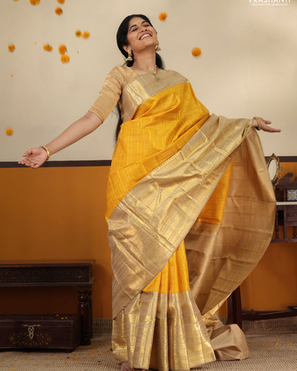 Mustard Yellow -Cream Pure Kanchipuram Silk Saree With Allover zari weaves & long rich zari border