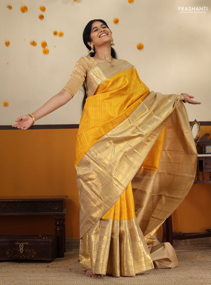 Mustard Yellow -Cream Pure Kanchipuram Silk Saree With Allover zari weaves & long rich zari border
