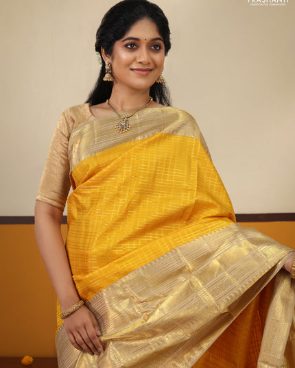 Mustard Yellow -Cream Pure Kanchipuram Silk Saree With Allover zari weaves & long rich zari border