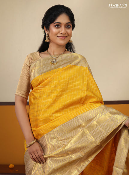 Mustard Yellow -Cream Pure Kanchipuram Silk Saree With Allover zari weaves & long rich zari border