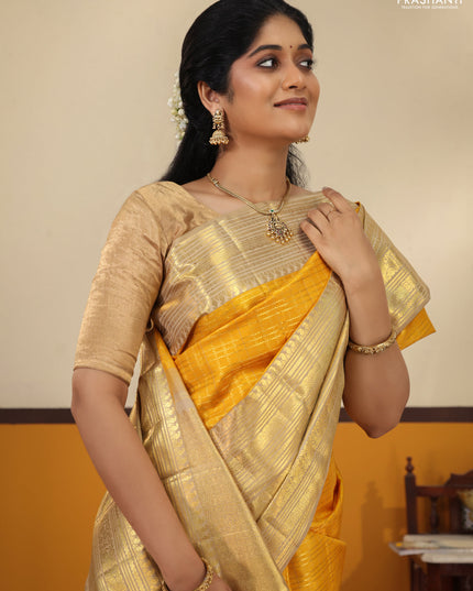 Mustard Yellow -Cream Pure Kanchipuram Silk Saree With Allover zari weaves & long rich zari border