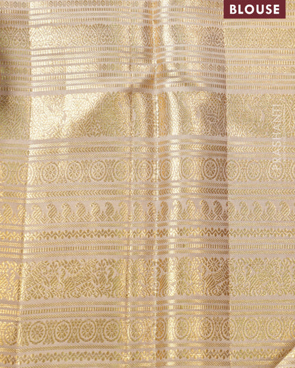 Mustard Yellow -Cream Pure Kanchipuram Silk Saree With Allover zari weaves & long rich zari border