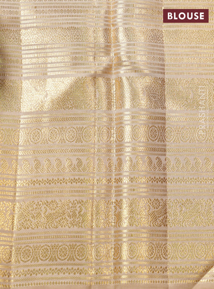 Mustard Yellow -Cream Pure Kanchipuram Silk Saree With Allover zari weaves & long rich zari border