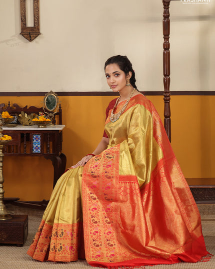 Gold-Red Pure Tissue Kanchipuram silk saree with zari weaves and long rich paithani style border