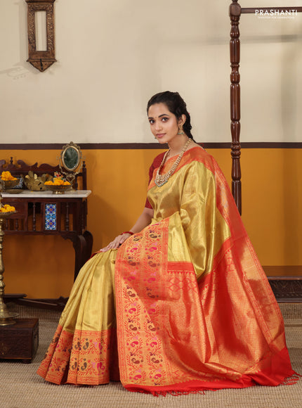 Gold-Red Pure Tissue Kanchipuram silk saree with zari weaves and long rich paithani style border