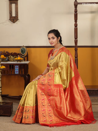 Gold-Red Pure Tissue Kanchipuram silk saree with zari weaves and long rich paithani style border