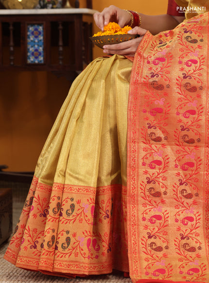 Gold-Red Pure Tissue Kanchipuram silk saree with zari weaves and long rich paithani style border