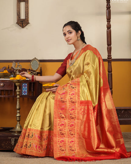 Gold-Red Pure Tissue Kanchipuram silk saree with zari weaves and long rich paithani style border