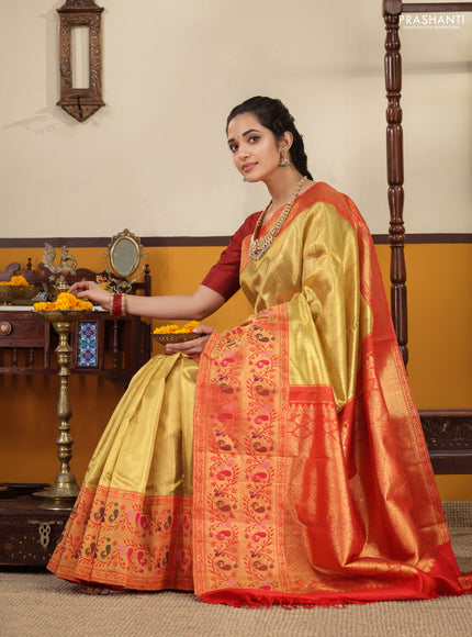 Gold-Red Pure Tissue Kanchipuram silk saree with zari weaves and long rich paithani style border