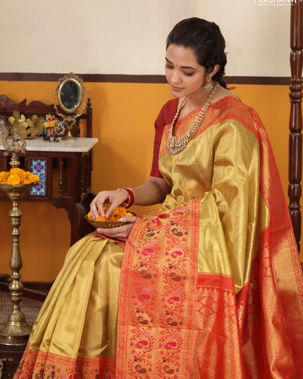 Gold-Red Pure Tissue Kanchipuram silk saree with zari weaves and long rich paithani style border