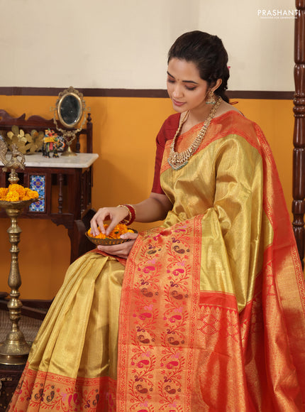 Gold-Red Pure Tissue Kanchipuram silk saree with zari weaves and long rich paithani style border