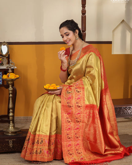 Gold-Red Pure Tissue Kanchipuram silk saree with zari weaves and long rich paithani style border