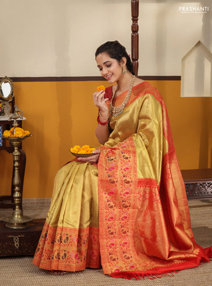Gold-Red Pure Tissue Kanchipuram silk saree with zari weaves and long rich paithani style border