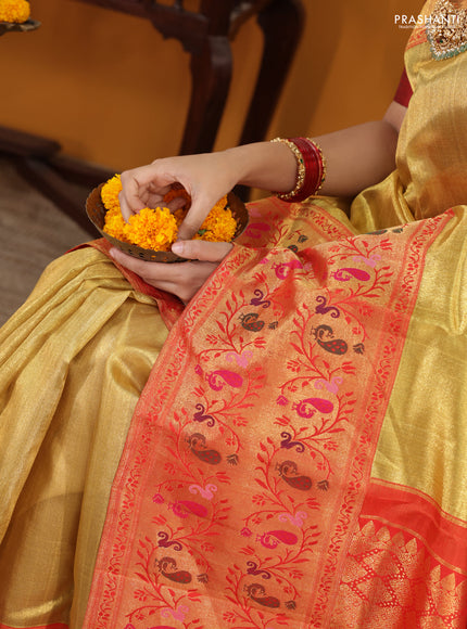 Gold-Red Pure Tissue Kanchipuram silk saree with zari weaves and long rich paithani style border